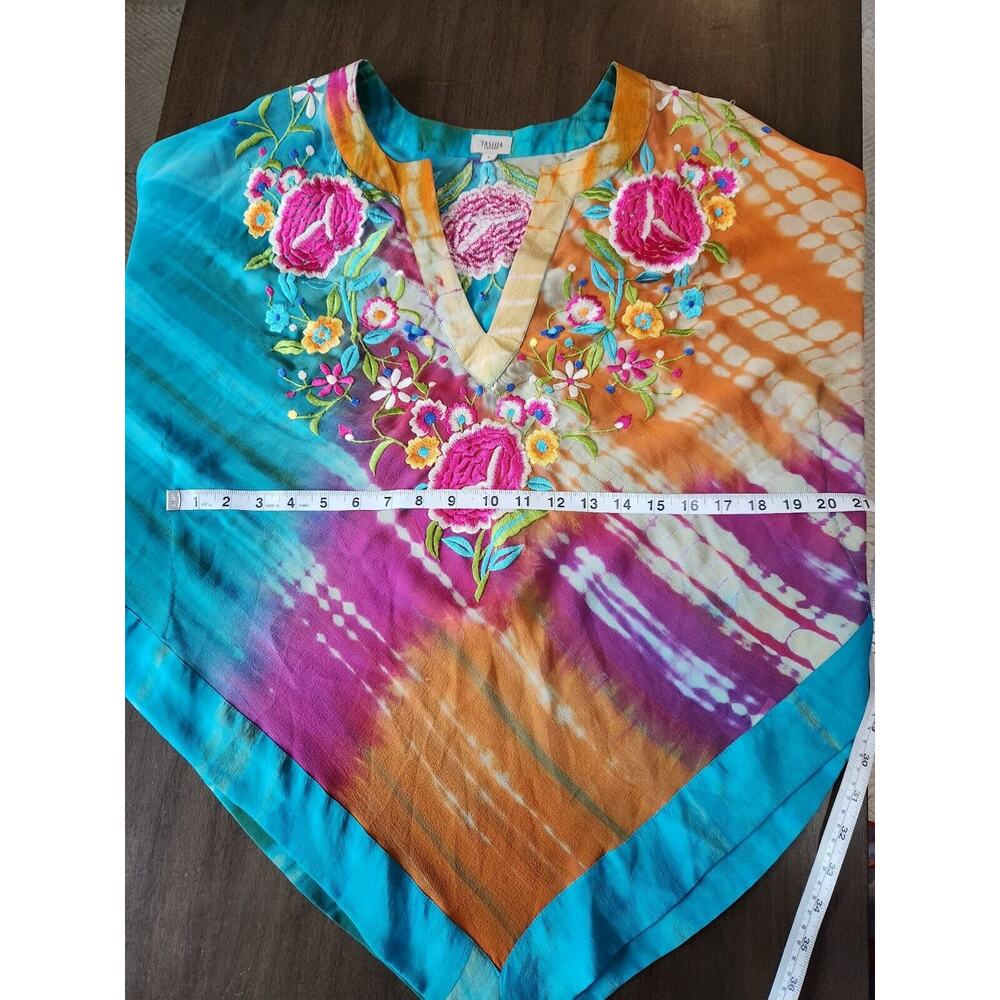 Tashia London Women's Silk Sheer V-neck Embroidered Poncho Top Multicolor Large - Picture 8 of 10